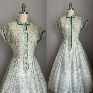 Vintage 1950’s Sheer White and Green Flocked Polkadot Full Skirt Dress XS