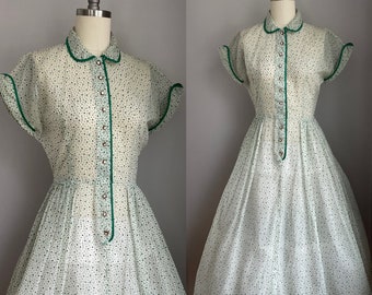 Vintage 1950’s Sheer White and Green Flocked Polkadot Full Skirt Dress XS
