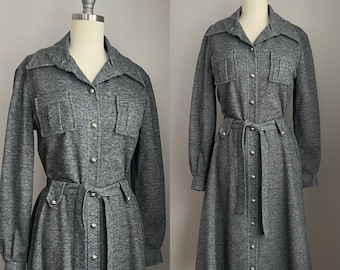 Vintage 1970’s Deadstock Charcoal Gray Belted Dress Small Medium