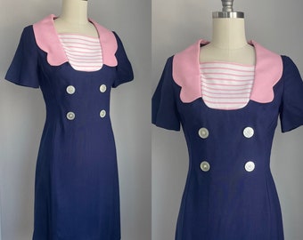 Vintage 1960’s Pink Petal Collar Navy Blue Dress XS