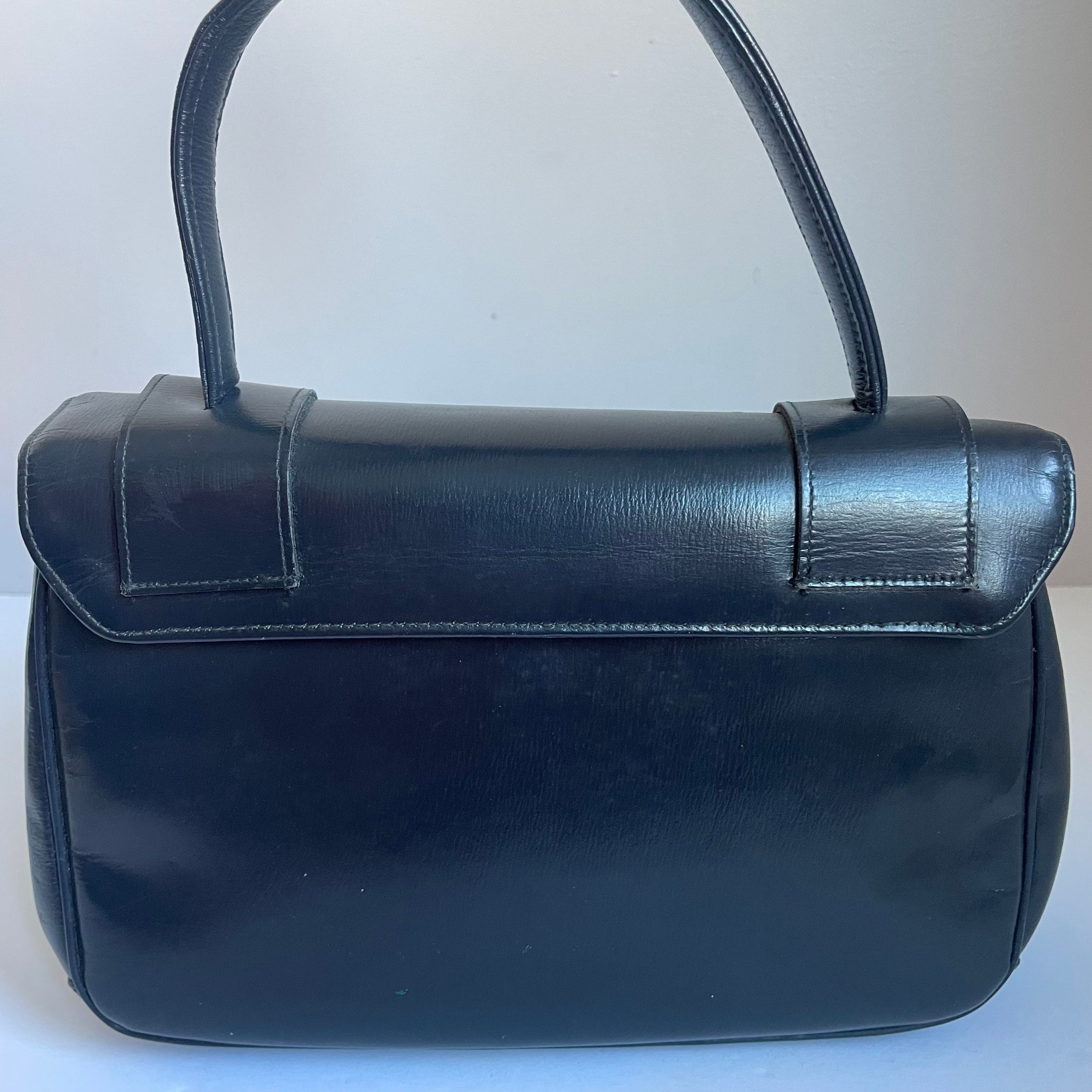 Navy Blue Leather Organiser Handbag - Vintage John Lewis Bag for Women