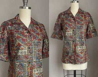 Vintage 1960’s Batik Look Tiki Print Button Down Top Small