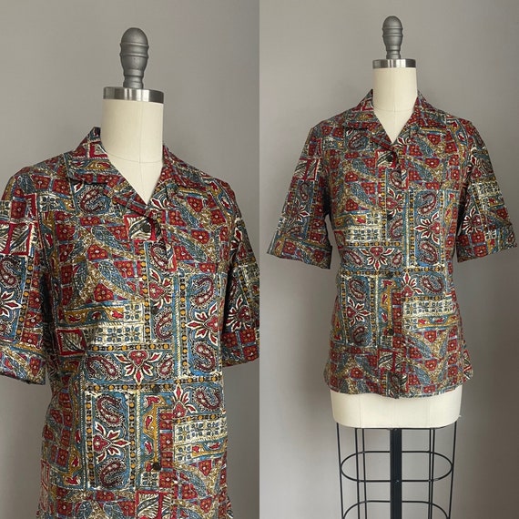 Vintage 1960’s Batik Look Tiki Print Button Down … - image 1