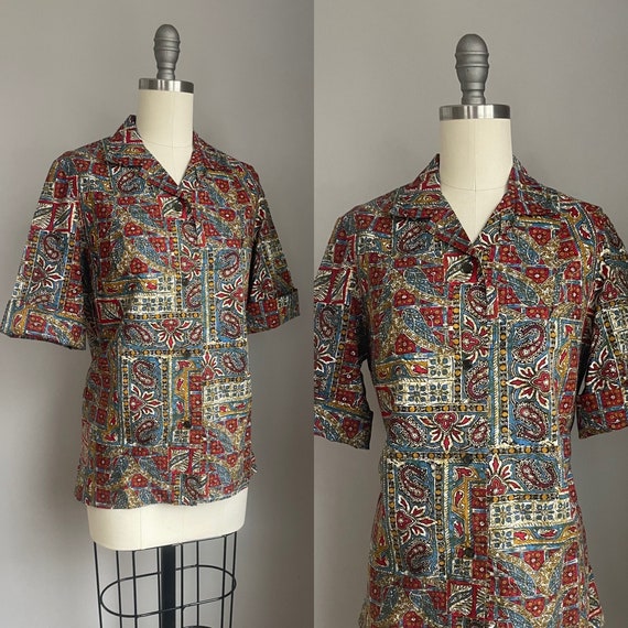 Vintage 1960’s Batik Look Tiki Print Button Down … - image 8