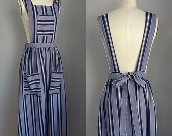 Vintage 1970’s Navy Blue Stripe Maxi Dress Jumper with pockets Small