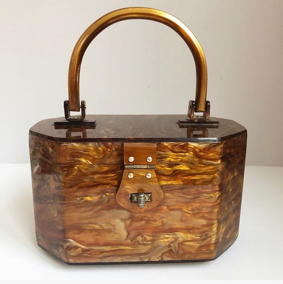 Vintage 1950's Marbled Caramel Lucite Box Purse