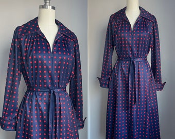 Vintage 1970’s Navy Blue and Red Polkadot Belted Zip Up Dress with pockets Medium