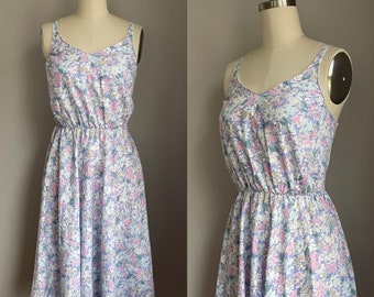 Vintage jaren 1980 pastel bloemen katoenen streepje over zonnejurk XS klein