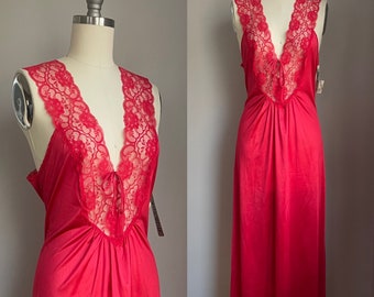 Vintage 1980’s Deadstock Red Nylon and Lace Lorraine Nightgown Size Medium