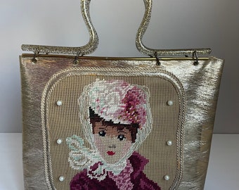 Vintage 1960’s Glitter Lucite Tinsel Vinyl and Lady Needlepoint Purse