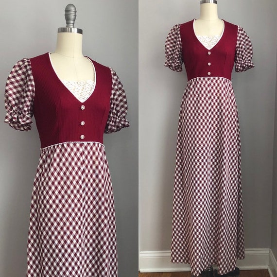 Vintage 1970's Gingham Puff Sleeve Maxi Dress Size