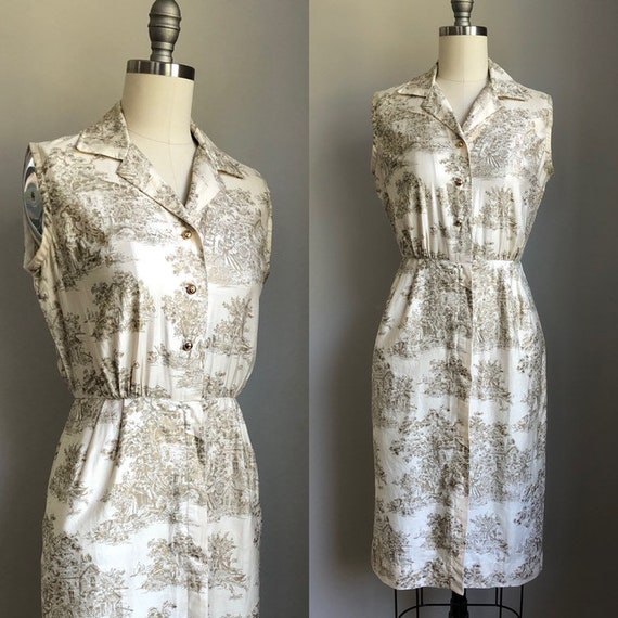 Vintage 1950's Cream and Gold Toile Print Dress wi