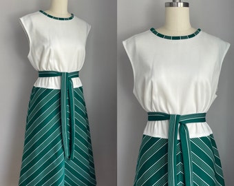 Vintage 1970’s Deadstock Dark Green and White Striped Belted Dress Large