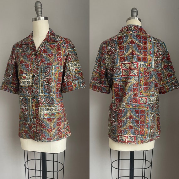 Vintage 1960’s Batik Look Tiki Print Button Down … - image 9
