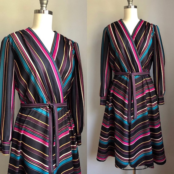 Vintage 1970's Rainbow Chevron Stripe Dress Size M