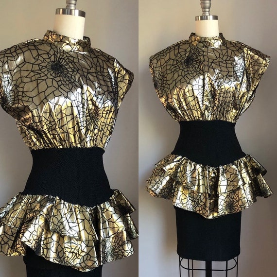 Vintage 1980’s Gold Lamé Black Bodycon Flocked Spi