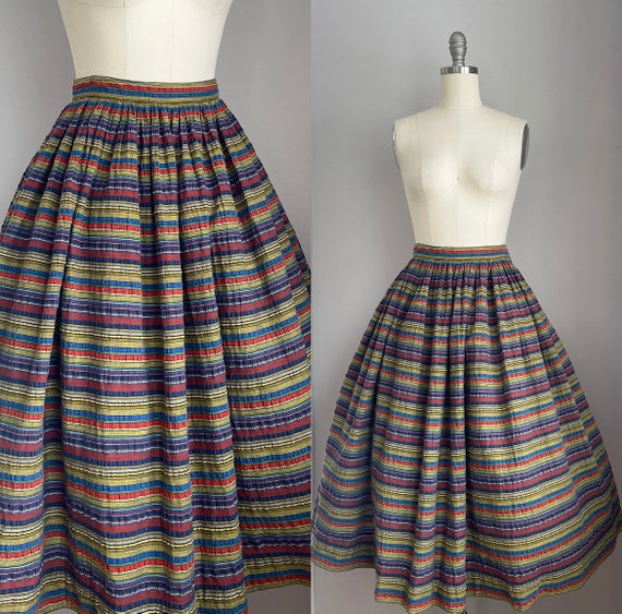 Vintage 1950's Rainbow Cabana Stripe Cotton Skirt… - image 1