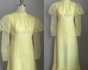 Vintage 1960’s Lemon Yellow Swiss Dot Mutton Sleeve Maxi Dress XS