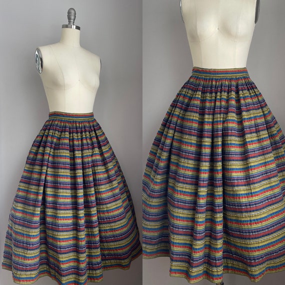 Vintage 1950's Rainbow Cabana Stripe Cotton Skirt… - image 3