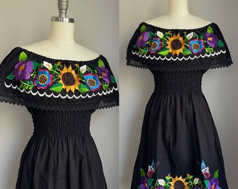 Vintage 1970’s Deadstock Jet Black Embroidered Butterflies and Floral Sun Dress Small Medium