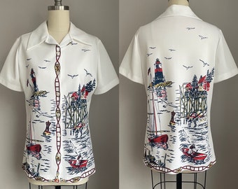 Vintage jaren 1960 All Over nautische nieuwigheid print button-down shirt te medium