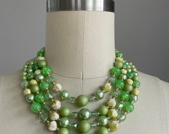 Vintage 1960’s Celery Green Faux Pearl and Crystal Four Strand Necklace