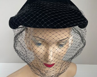 Vintage 1950’s Jet Black Veiled Velvet Hat