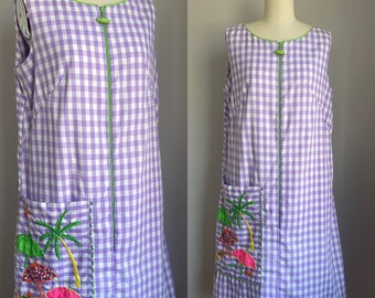 Vintage 1960’s Lavender Purple Check Zip Up Sun Dress Medium