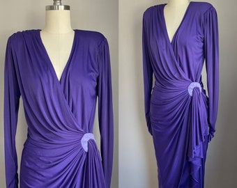 Vintage jaren 1990 doet jaren 1940 paarse ruches gedrapeerde Tadashi jurk medium