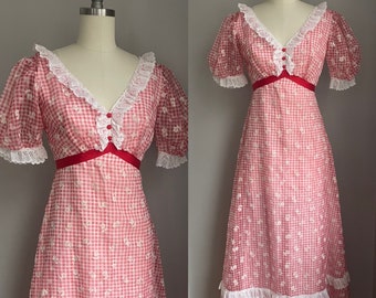 Vintage jaren 1960 rode gingham gevlokte bloemen pofmouwen Cottagecore maxi-jurk XS