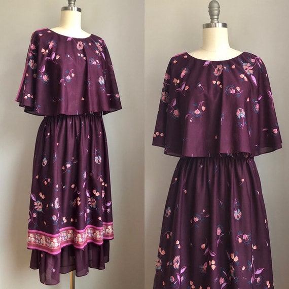 Vintage 1970's Eggplant Floral Dress Size Large