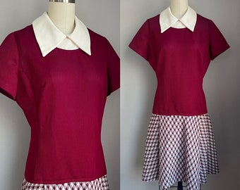 Mod Vintage 1960’s Burgundy Check Dropwaist Dress Medium