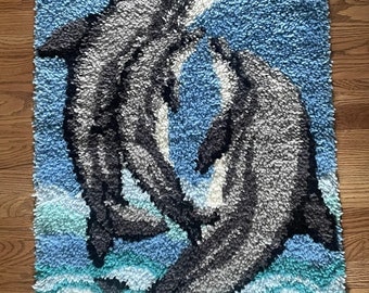 Vintage 1970's Dolphins Latch Hook Wall Hanging Rug 28” x 40”