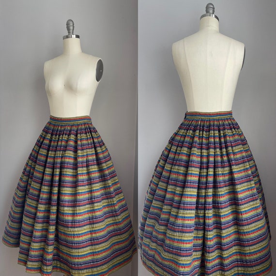 Vintage 1950's Rainbow Cabana Stripe Cotton Skirt… - image 5