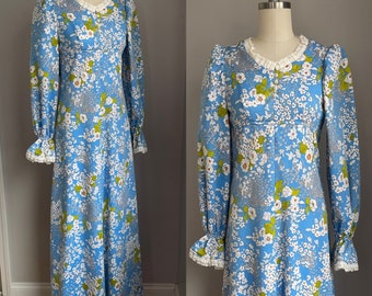 Vintage jaren 1960 Franse blauw witte bloemen Empire taille pofmouwen maxi-jurk XS