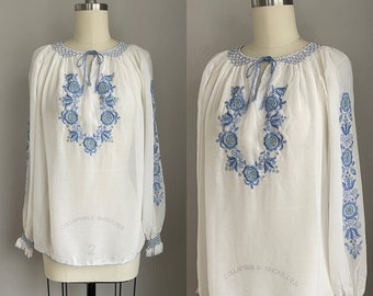 Vintage 1940’s Semi Sheer Embroidered Hungarian Peasant Blouse Medium