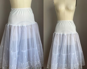 Vintage 1950’s Pale Blue Flocked Floral Crinoline Slip Small to Medium