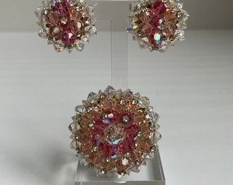 Vintage 1960’s Rhinestone and Pink and Clear AB Crystal Brooch and Matching Clip On Earrings Set