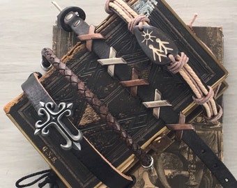 Vintage Leather Bracelet Set of 4, Unisex Boho Cuff Bracelets, Adjustable Rustic Jewelry, Cross, Feather & Metal Accents