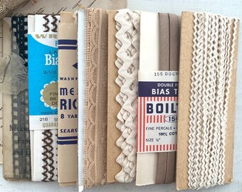 Ric Rac vintage, dentelle et garnitures récupérées, couleurs café au lait