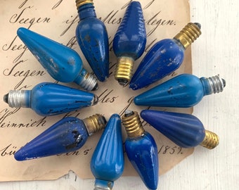 Vintage Cobalt Blue Teardrop Christmas Light Bulbs - Set of 10 Antique Glass Tree Lights, Untested, Mixed Bases - Craft & Decor Supply