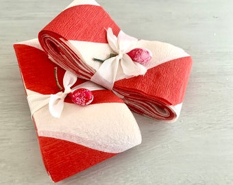 6 Yards Vintage Red White Crepe Paper Ribbon, Candy Cane Stripe, Christmas Craft Supply, Holiday Trim