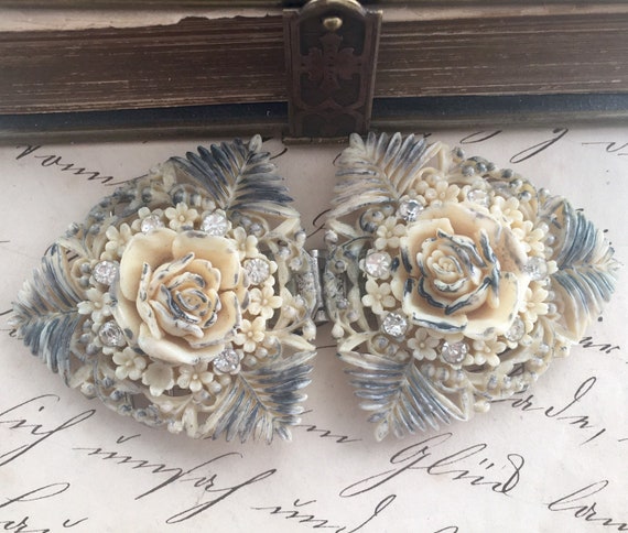 Victorian Celluloid Rose & Rhinestone Buckle