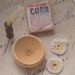 Vintage Dollhouse Tableware and Cereal Box, Miniature Scale Retro Food, Faux Food, Colonial Setting