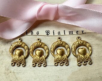 Lot de 4 connecteurs de bijoux vintage en métal épais et coeur de laurier en or