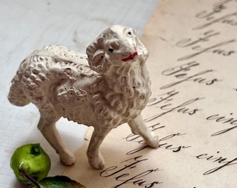 Vintage Italian Chalkware Sheep / Ram Figurine | Miniature Textured Wool Nativity Easter Farmhouse Decor | Made in Italy Mid-Century
