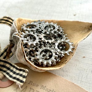 May include: A collection of small, silver metal gears fills a rustic, leaf-shaped container. The container is tied with a black and white checkered ribbon and a tag. The gears have a circular design with multiple teeth.