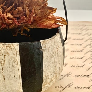 Mini Black & Cream Striped Resin Pot with Wire Handle | Distressed Halloween or Year-Round Decor | Small Bouquet Holder or Catchall