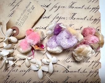 Poussins de Pâques vintage en velours chenille et pompons, Set de 3