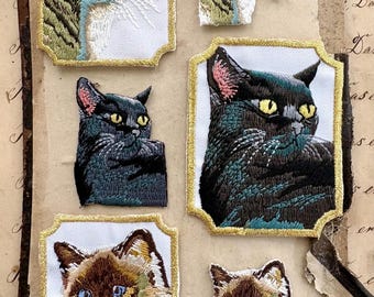 Vintage Embroidered Cat Appliqué Set of 6 | Framed & Unframed Cat Face Patches | Sew-On Patch | Cat Lover Gift